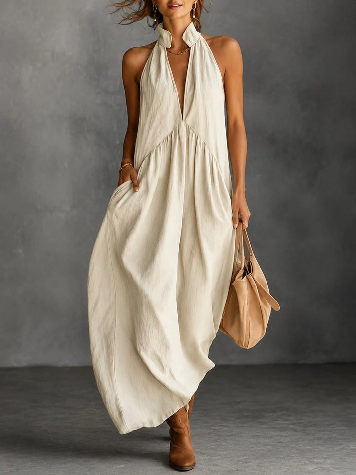 Beige Linen-Blend Halter Neck Maxi Dress