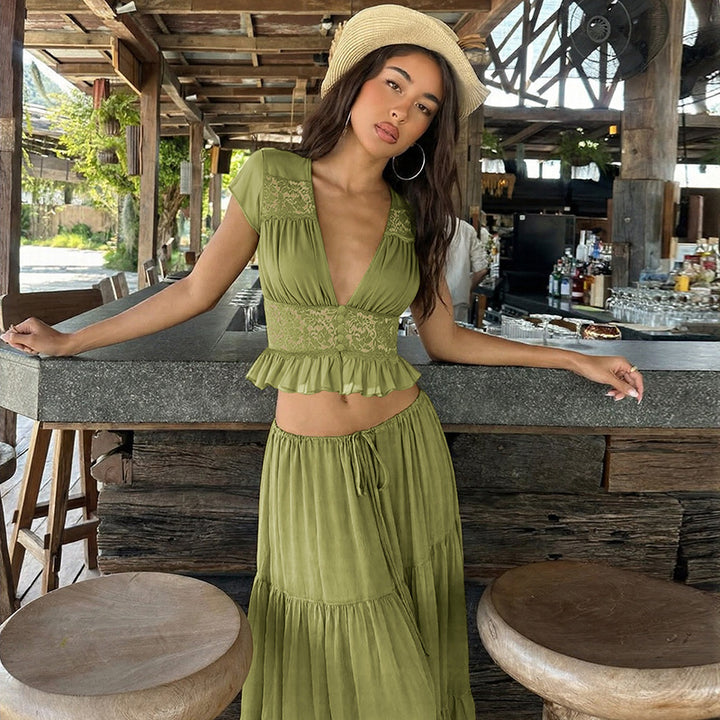 Sage Green Lace Corset Crop Top &amp;amp; Tiered Maxi Skirt 2-Piece Set