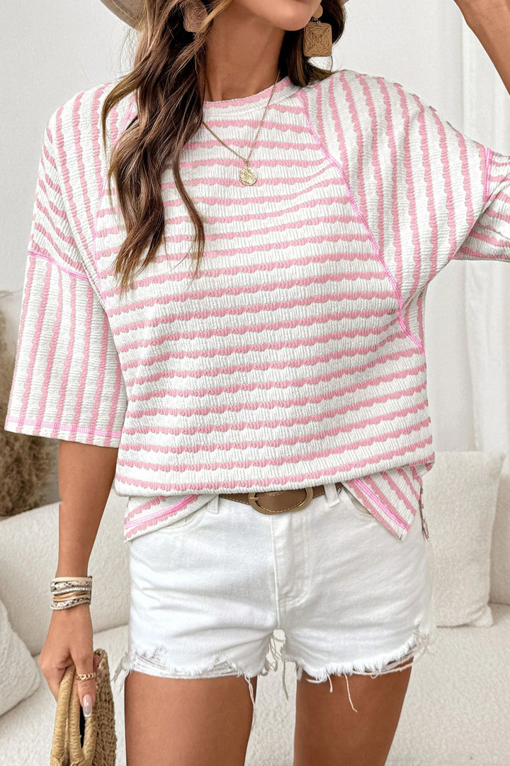 Pink Textured Striped Raglan Sleeve Casual Tee