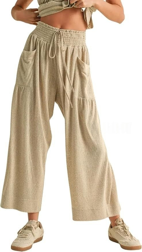 Beige Linen-Blend Smocked Peplum Top &amp;amp; Wide-Leg Pants Set