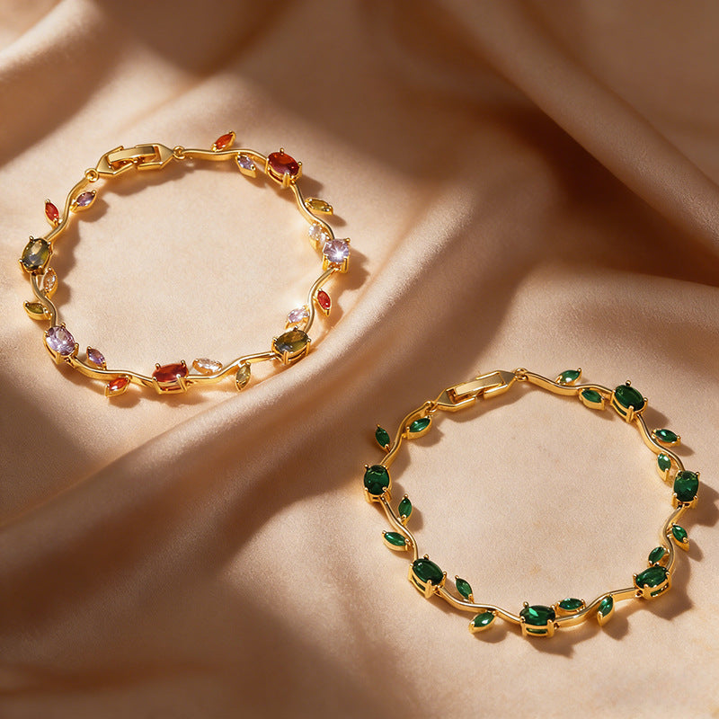 Gold Tone Multicolor Gem Vine Leaf Bracelet | Vintage Nature-Inspired CZ Cuff