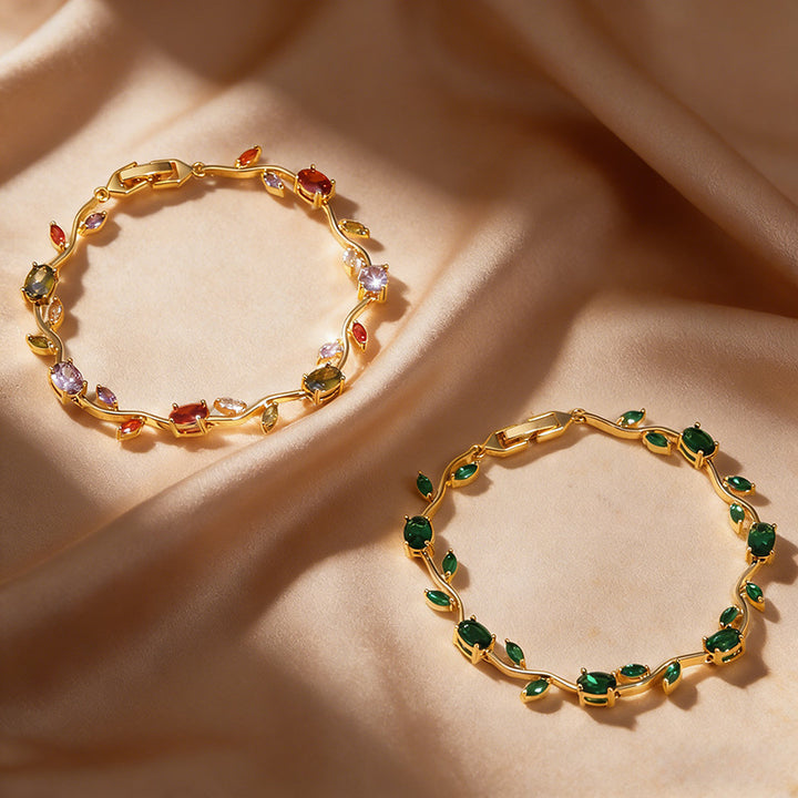 Gold Tone Multicolor Gem Vine Leaf Bracelet | Vintage Nature-Inspired CZ Cuff