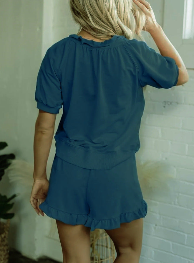 Women 2 Piece Lounge Sets Casual Short Sleeve Outfits Half Zip Puff Sleeve Top and Ruffled Shorts Set