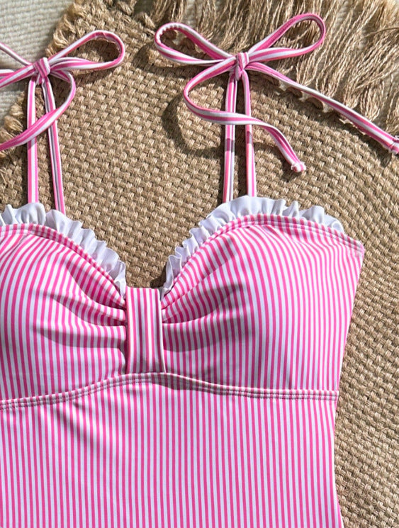 Striped Ruffle Trim Tie-Strap One-Piece Swimsuit