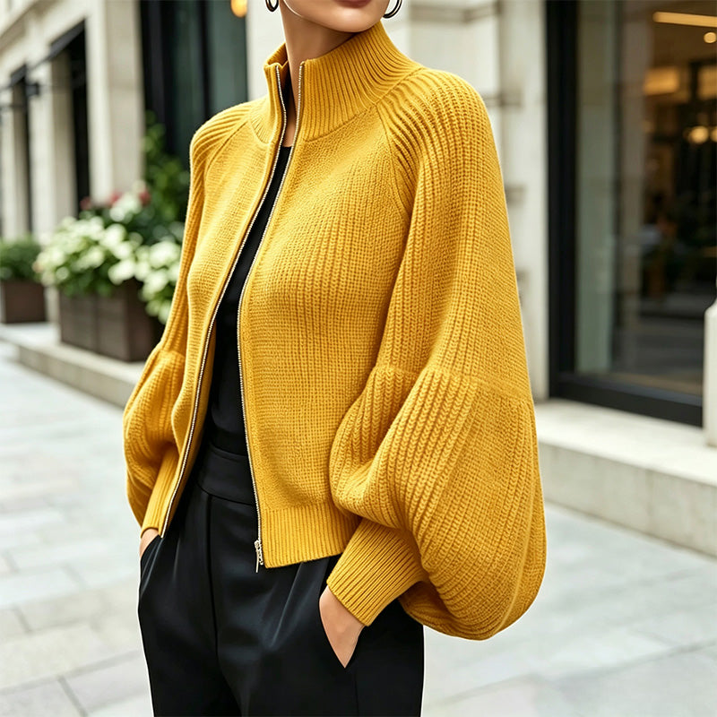 Cropped Zip-Up Knit Cardigan