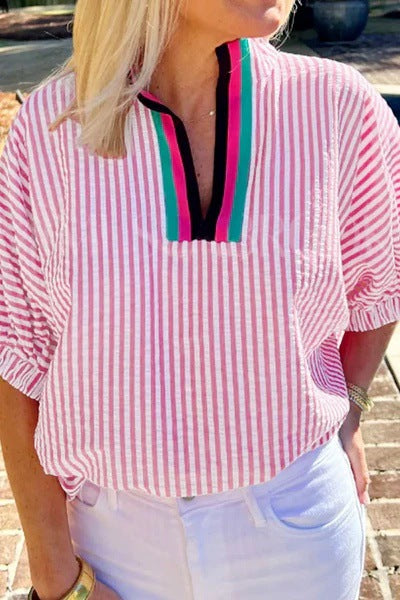 Blue &amp; White Striped Puff Sleeve Blouse with Colorblock V-Neck