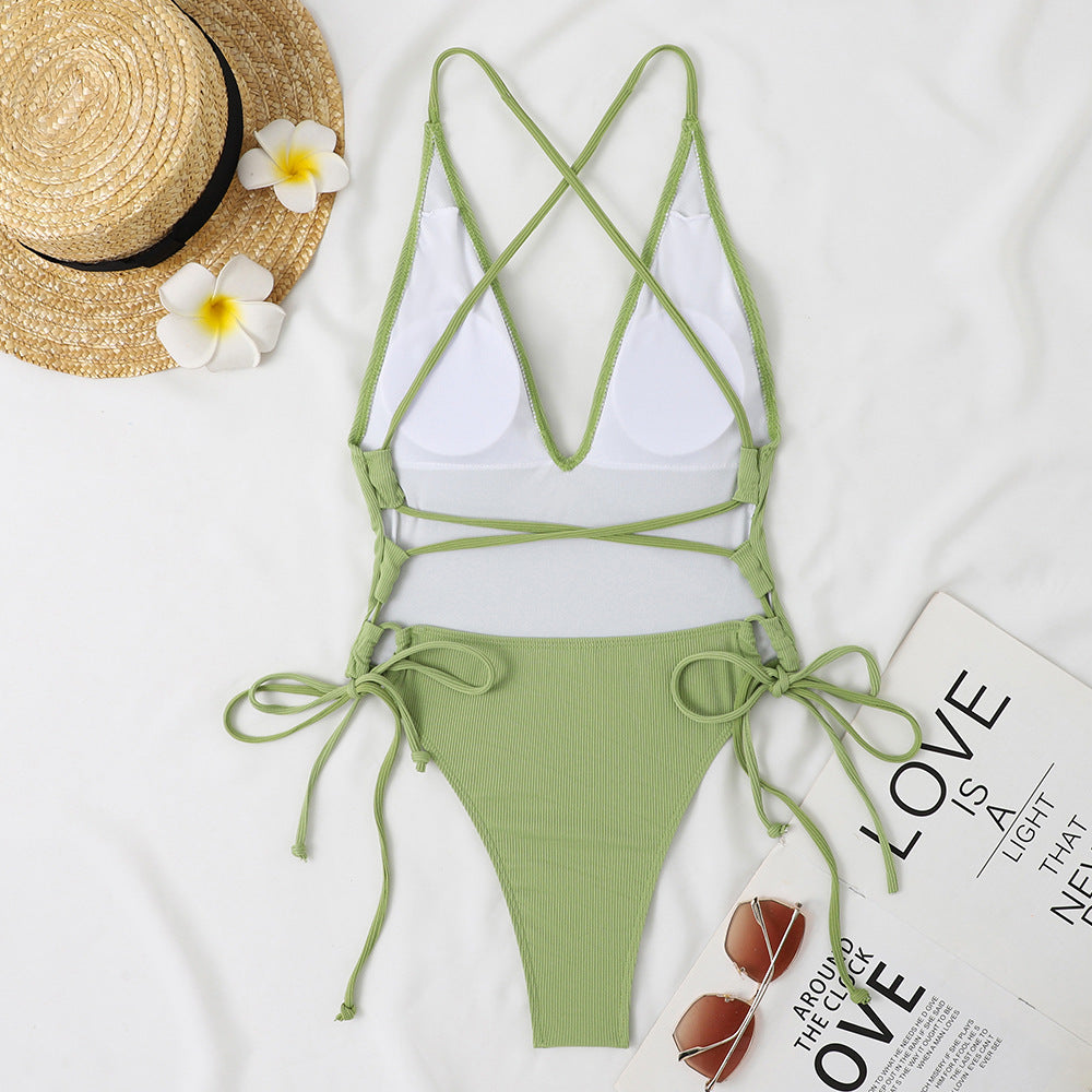 Control Sexy Deep V One Piece Swimsuit Women with Tie Sides