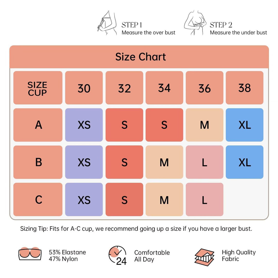 A VertVie size chart graphic showing measurements for A, B, and C cup sizes across sizes 30 to 38, with step-by-step bust measurement instructions at the top and fabric/comfort claims at the bottom.