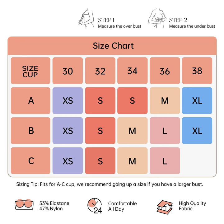 A VertVie size chart graphic showing measurements for A, B, and C cup sizes across sizes 30 to 38, with step-by-step bust measurement instructions at the top and fabric/comfort claims at the bottom.