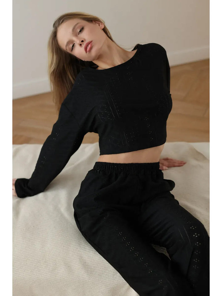 Eyelet Embroidered Two-Piece Lounge Set Soft comfort. Feminine detail. Everyday ease.