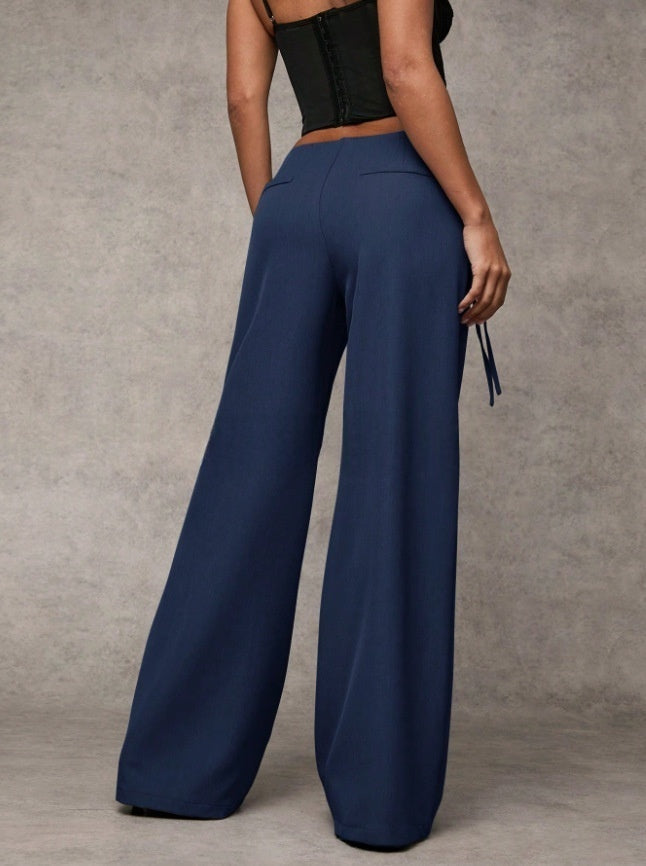Low-Rise Tie Waist Wide Leg Trousers | Tailored Flare Pants with Metal Ring Detail for Women
