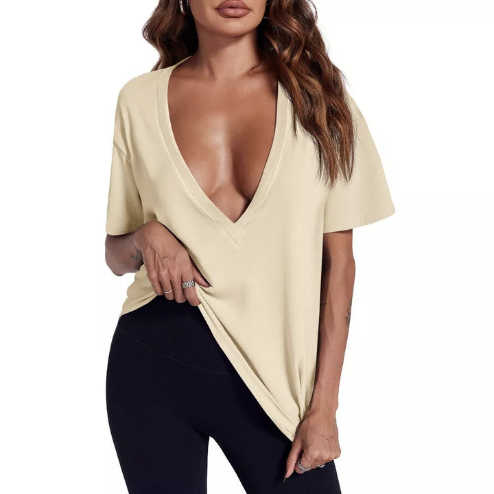 Dusty Pink Deep V-Neck Oversized Casual Tee