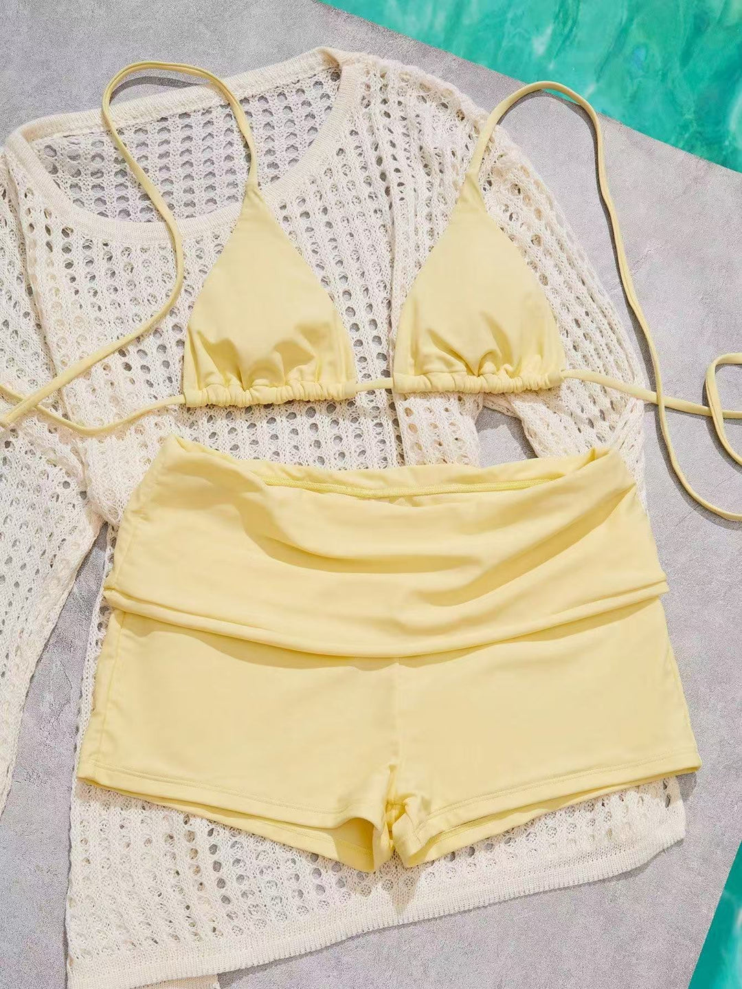 Color-Block Triangle Bikini Set with Boyshort Bottom