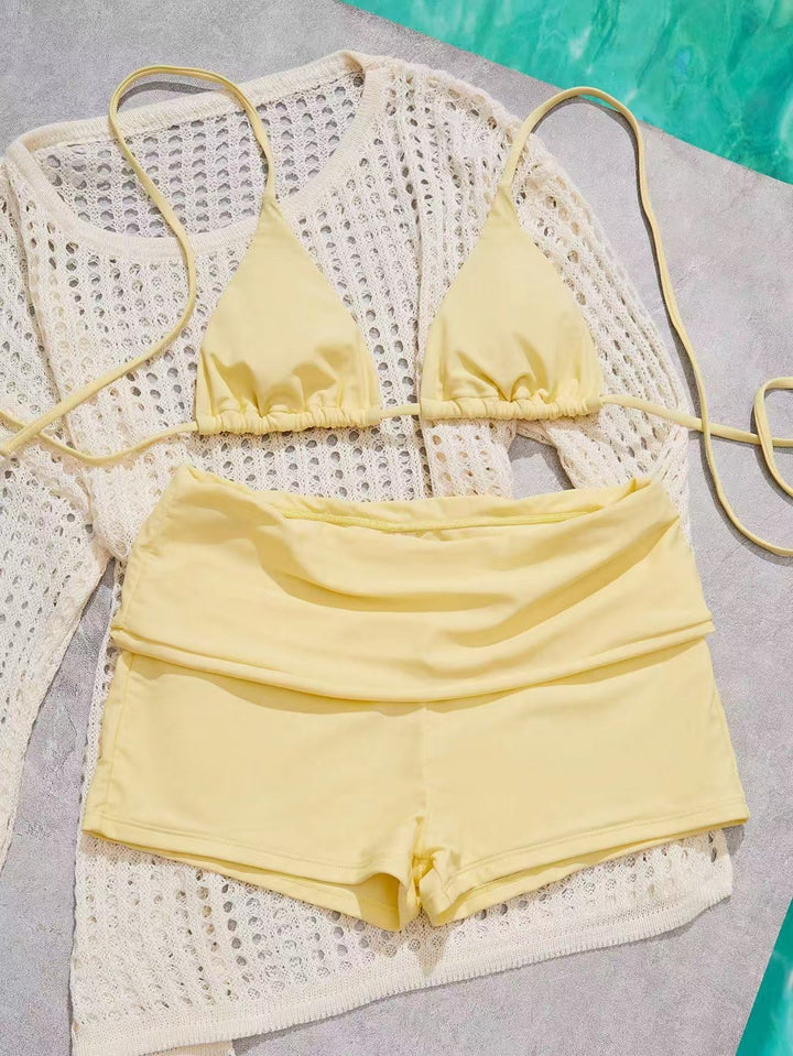 Color-Block Triangle Bikini Set with Boyshort Bottom