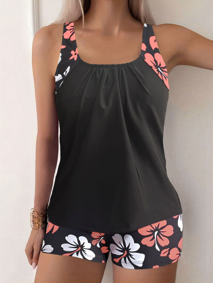 Black Floral Print Tankini with Swim Shorts