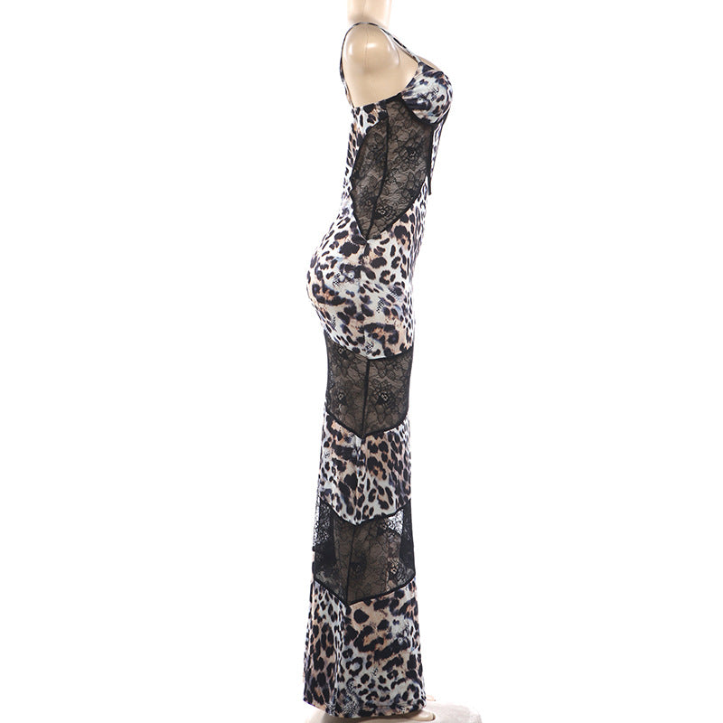 Leopard Print Lace Panel Corset Maxi Dress