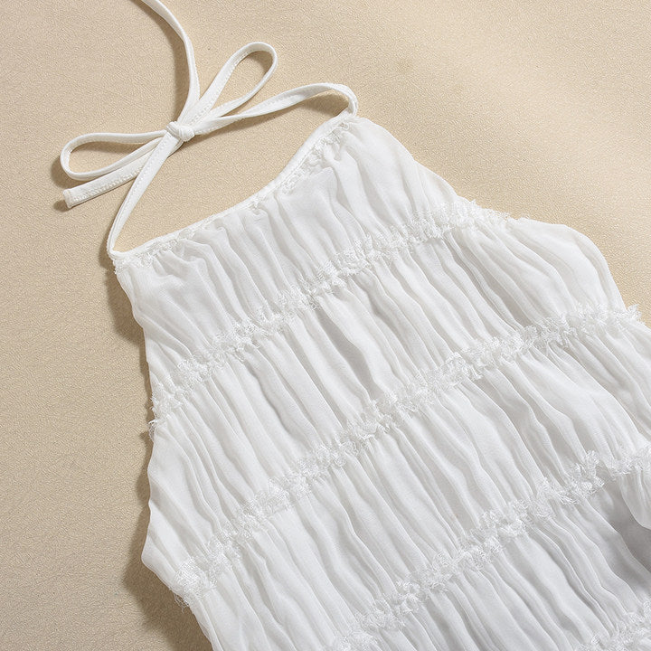 Cream Smocked Halter Maxi Dress | Sleeveless Crinkle Cotton A-Line Beach Dress