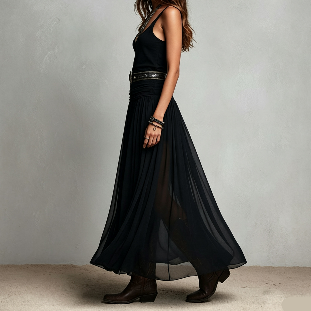 Low Neck Fitted Tank Chiffon Maxi Dress