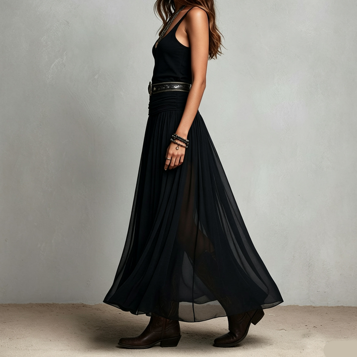 Low Neck Fitted Tank Chiffon Maxi Dress