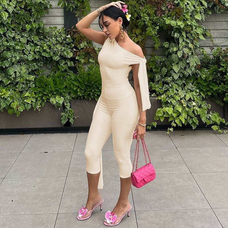 One-Shoulder Tie-Detail Two-Piece Set | Bodycon Crop Top &amp;amp; Capri Leggings Outfit