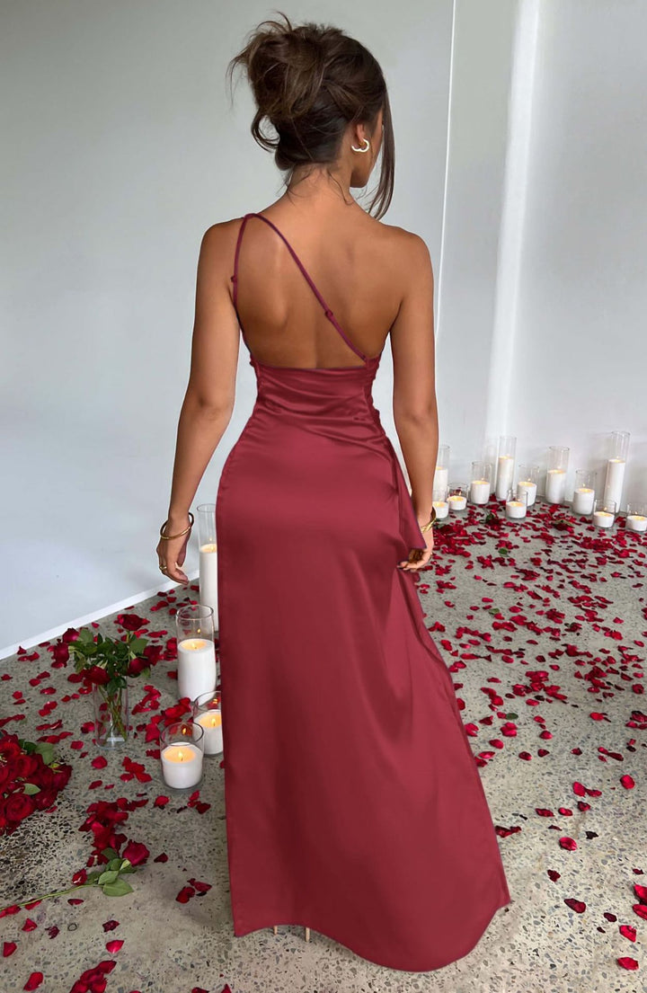 Champagne One-Shoulder Satin Maxi Dress | Ruched High Slit Elegant Evening Gown