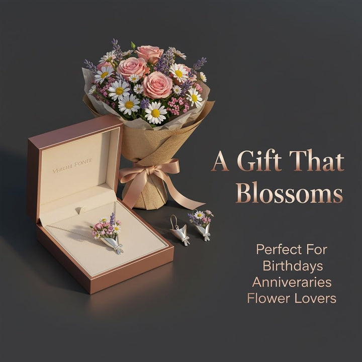 Sterling Silver Flower Bouquet Jewelry Set | Necklace Earrings &amp;amp; Brooch Matte Finish