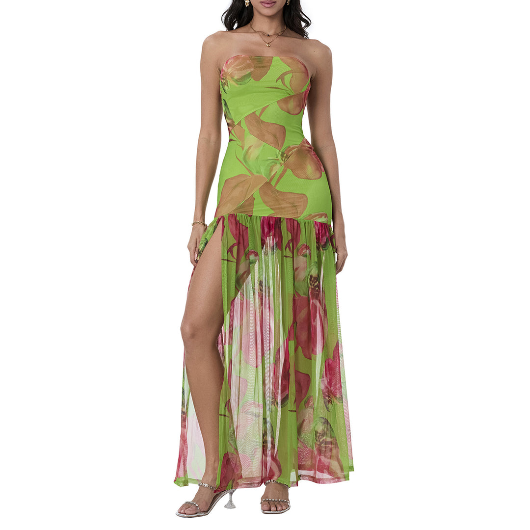 Women Tube Top Dress Tiger Stripe Mesh Patchwork Maxi Dress