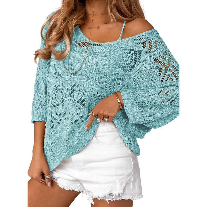 Openwork three-quarter sleeve knitted cover-up