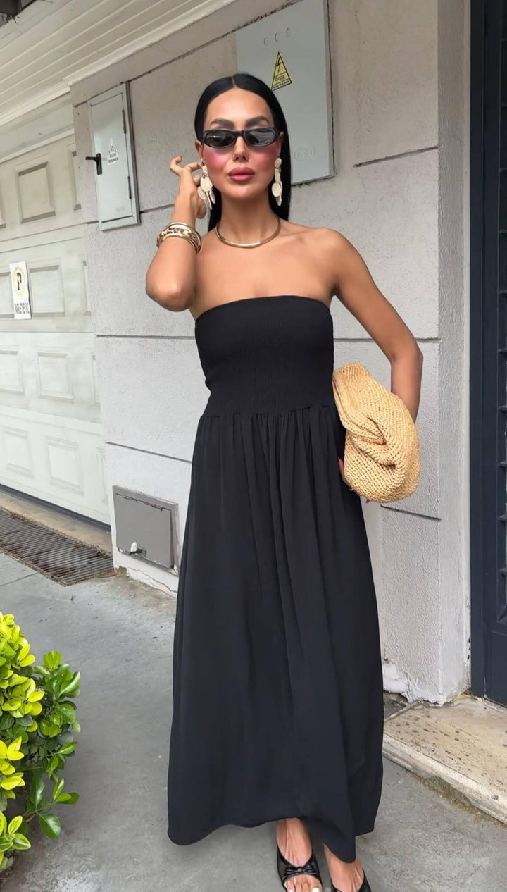 Strapless Linen-Blend Midi Dress | Minimalist Quiet Luxury Sundres