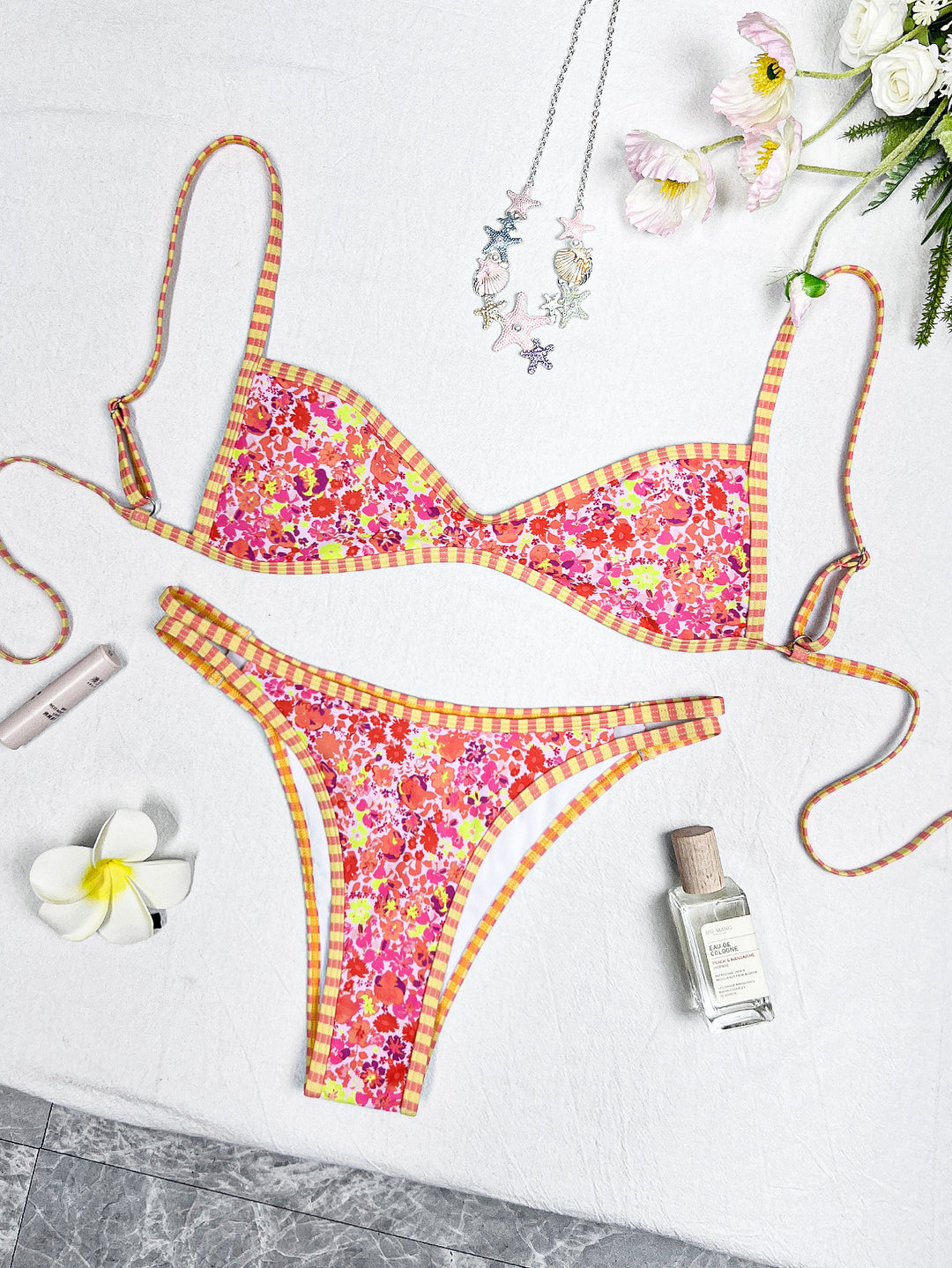 Retro Floral Gingham Trim Two-Piece Bikini Set | Y2K High Waist Triangle Swimsuit