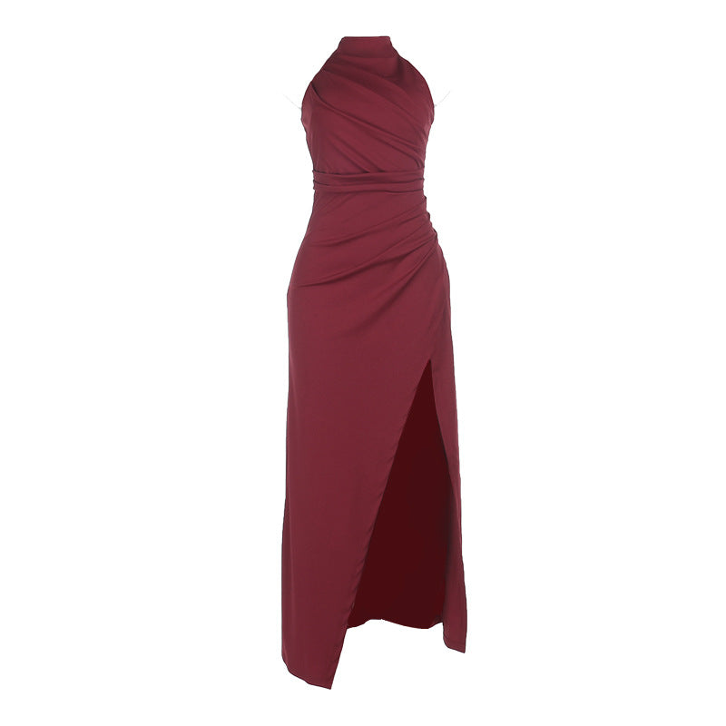 Halter Neck Ruched Slit Maxi Dress