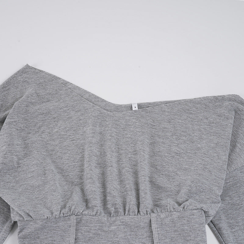Off Shoulder Long Sleeve Crop Top Fold-Over Shorts Two-Piece Set