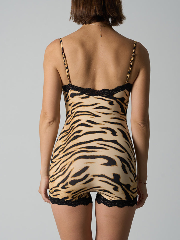 Tiger Print Lace Trim Cami Romper