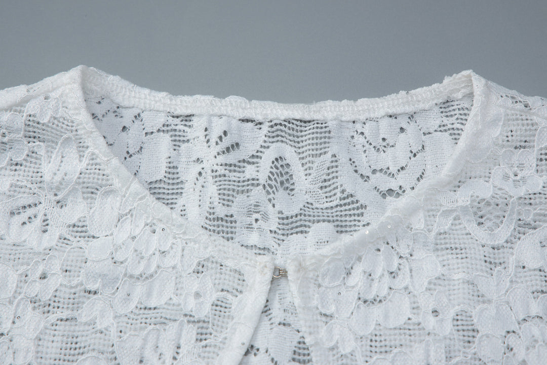 White Floral Lace Keyhole Cap-Sleeve Top