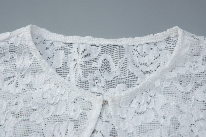 White Floral Lace Keyhole Cap-Sleeve Top