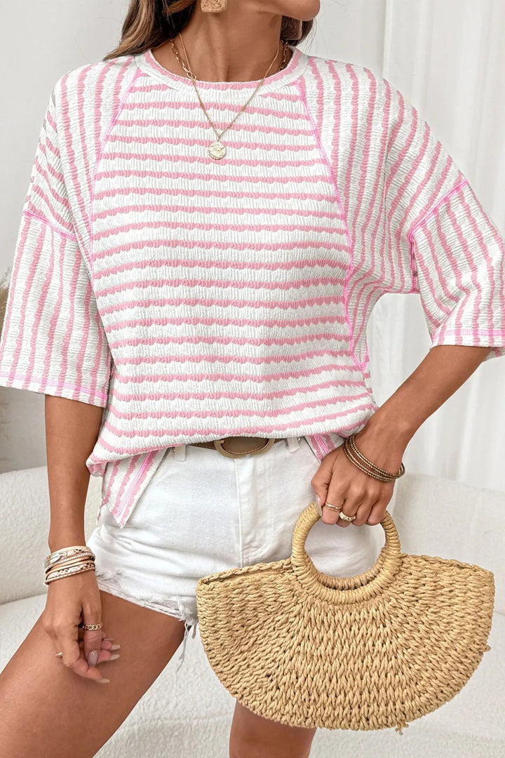 Pink Textured Striped Raglan Sleeve Casual Tee