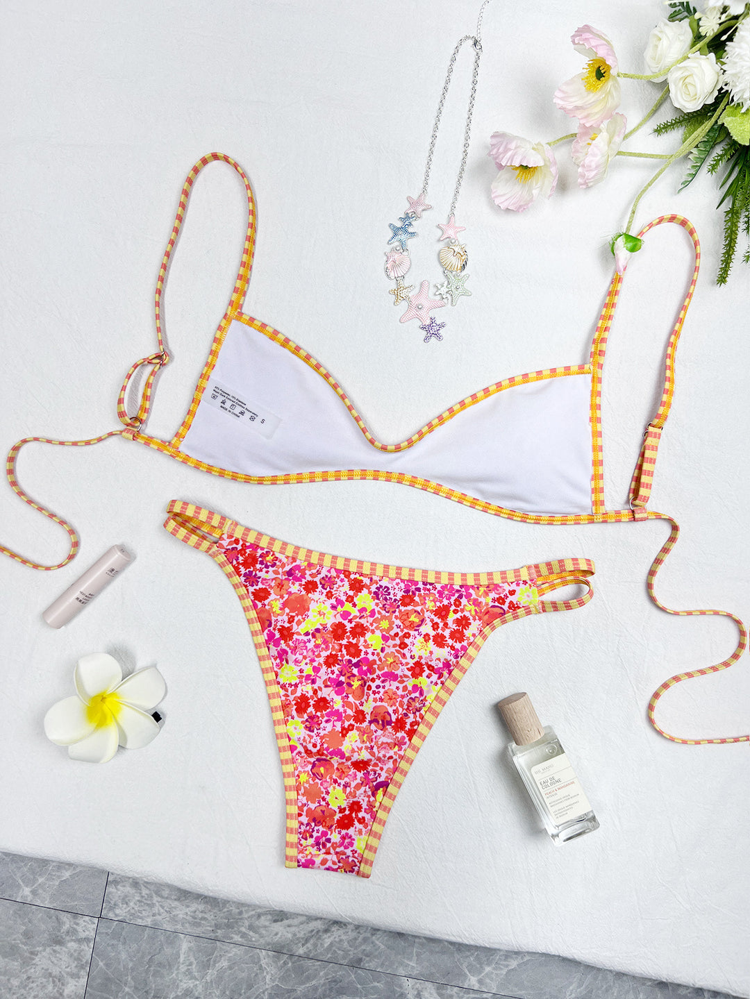Retro Floral Gingham Trim Two-Piece Bikini Set | Y2K High Waist Triangle Swimsuit