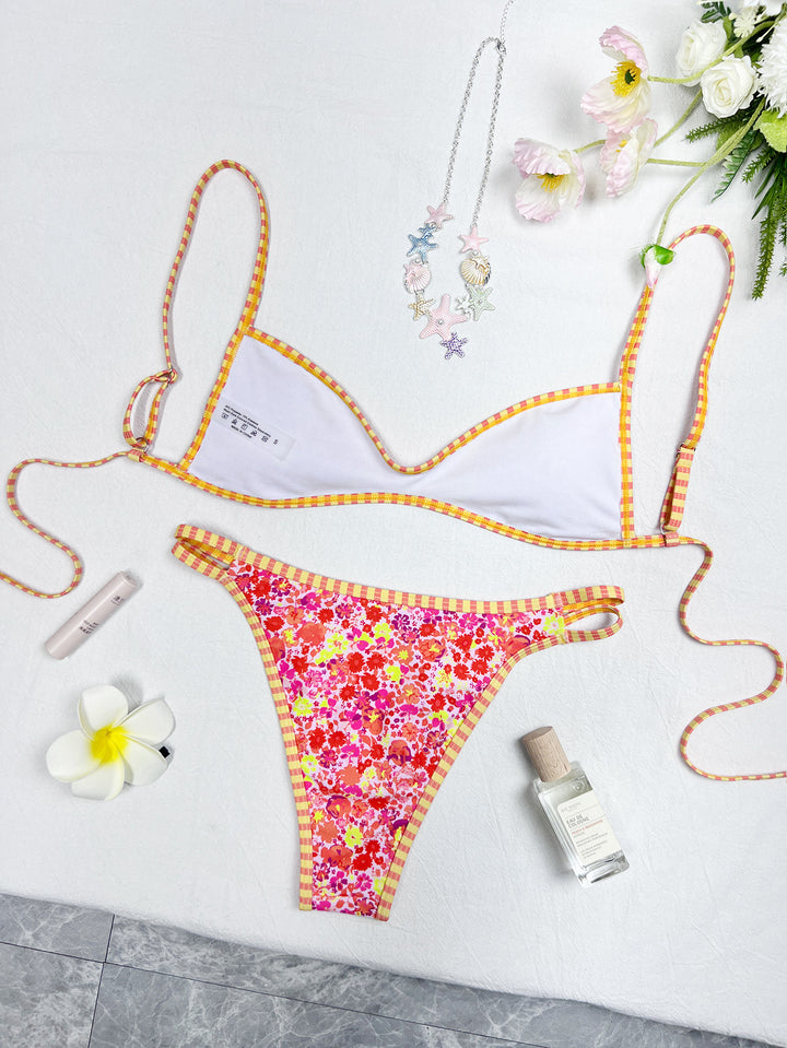 Retro Floral Gingham Trim Two-Piece Bikini Set | Y2K High Waist Triangle Swimsuit