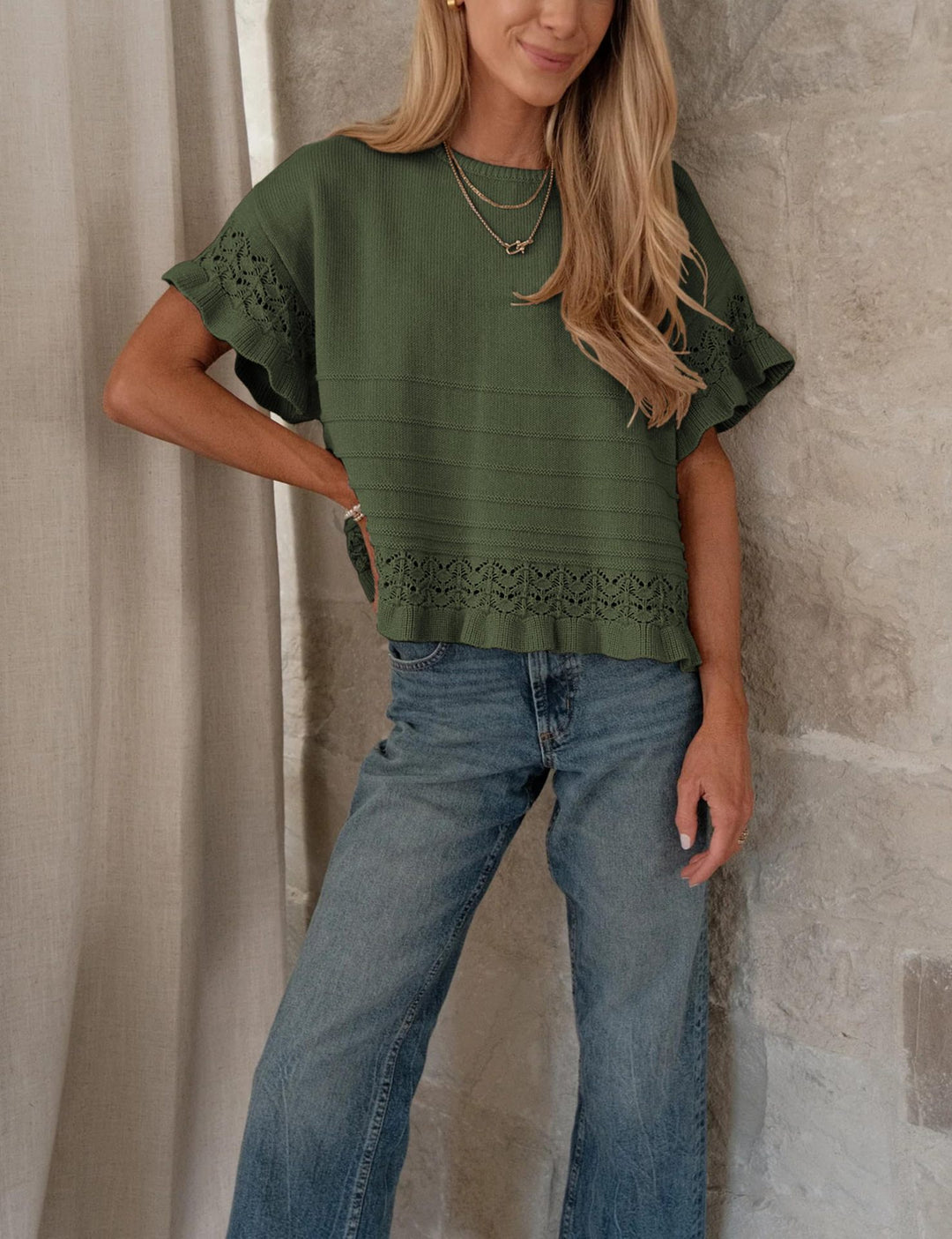 Beige Crochet Lace Trim Short-Sleeve Knit Top