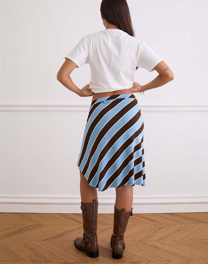 Beige Diagonal Stripe Asymmetric Midi Skirt