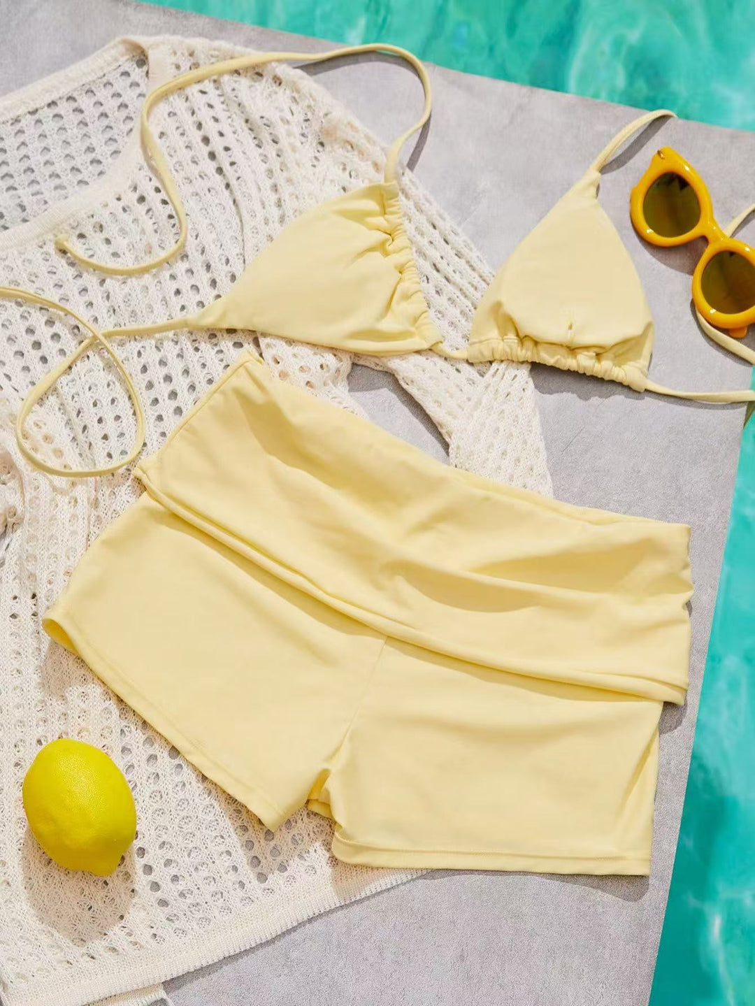 Color-Block Triangle Bikini Set with Boyshort Bottom