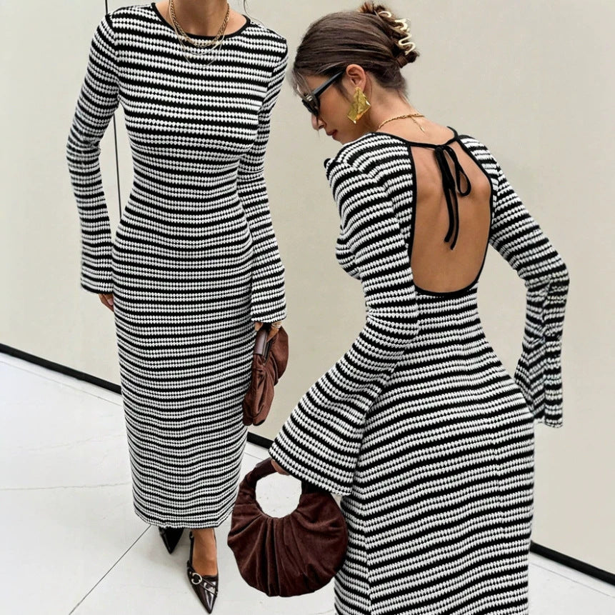 Back Tie Striped Knit Flare Sleeve Midi Dress