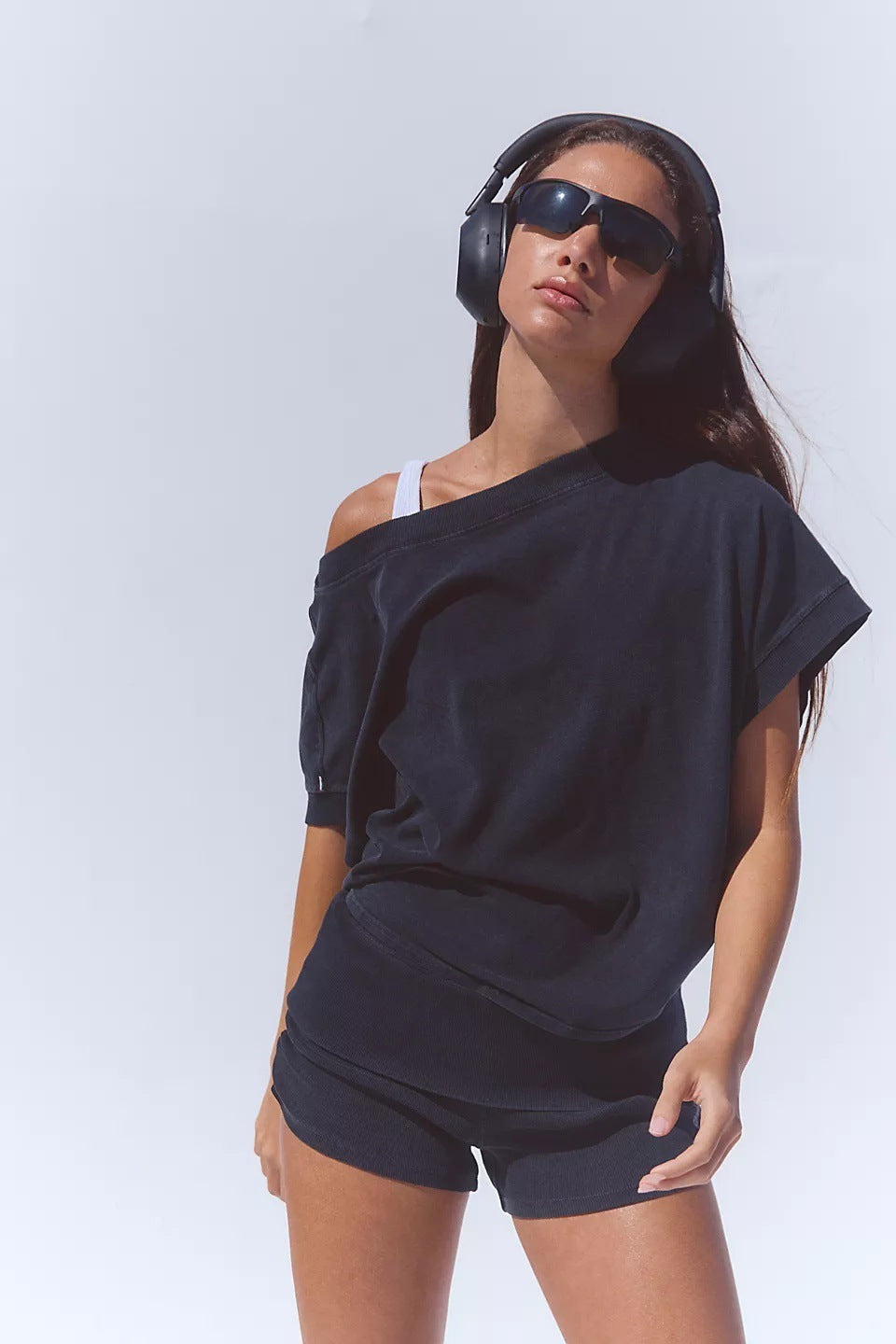 Color-Block Cropped Tee &amp;amp; Low-Rise Shorts Two-Piece Set