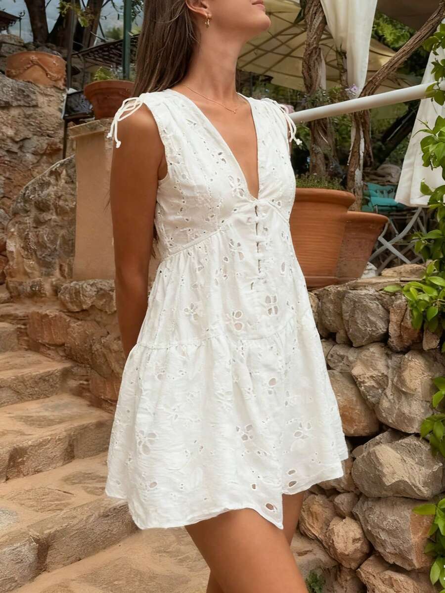 V-Neck Tie Strap Eyelet Embroidery Mini Dress | White Broderie Anglaise A-Line Babydoll
