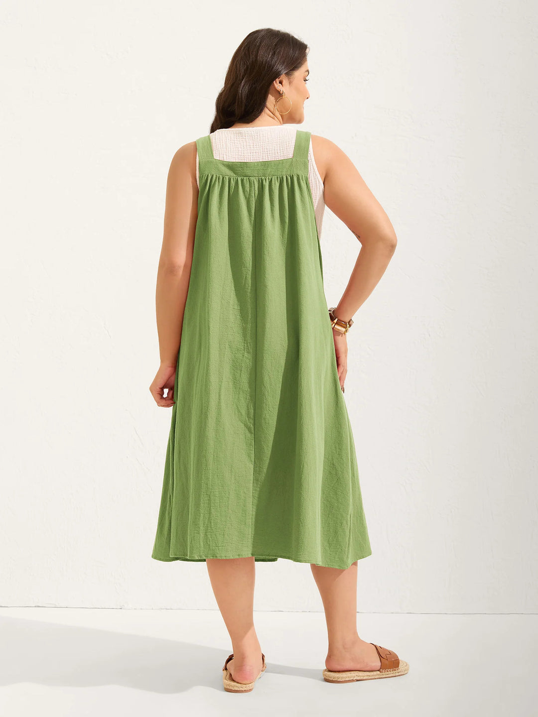 Plus Size  Adjustable Strap Pinafore Midi Dress with Pockets