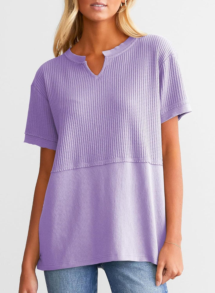 Waffle Knit Split-Neck Short Sleeve Top, Soft Textured Casual Tee