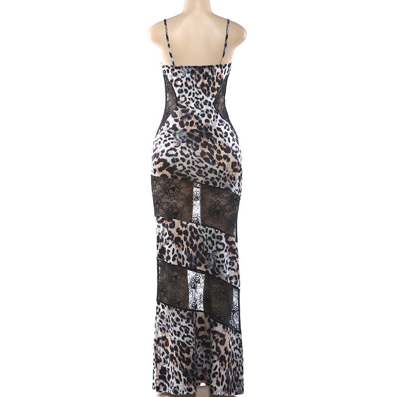 Leopard Print Lace Panel Corset Maxi Dress
