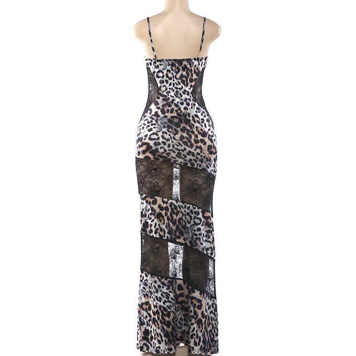 Leopard Print Lace Panel Corset Maxi Dress