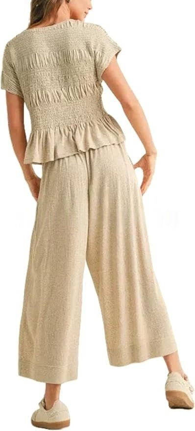 Beige Linen-Blend Smocked Peplum Top &amp;amp; Wide-Leg Pants Set