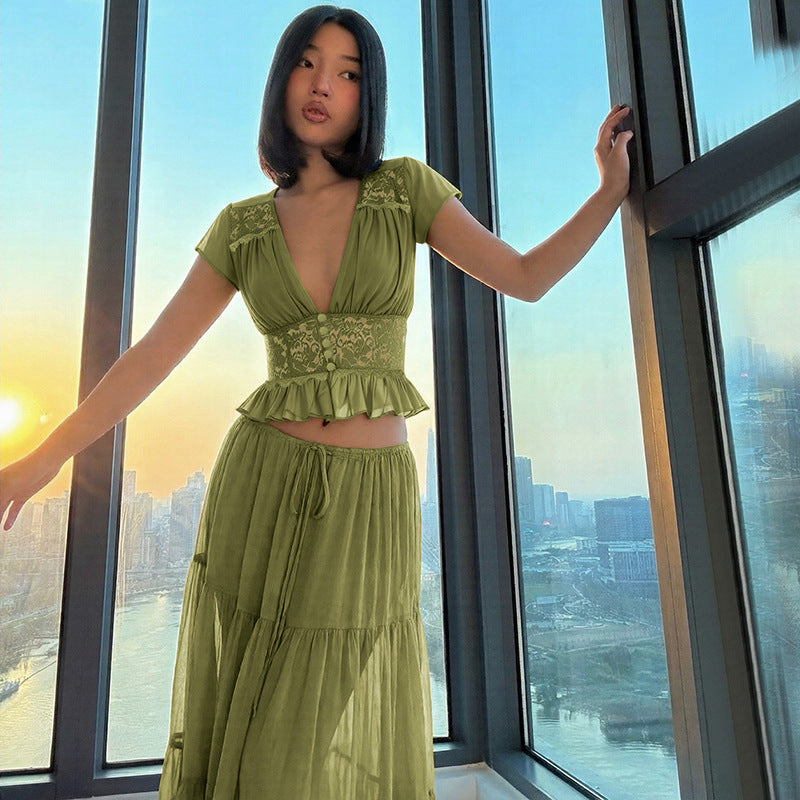 Sage Green Lace Corset Crop Top &amp;amp; Tiered Maxi Skirt 2-Piece Set
